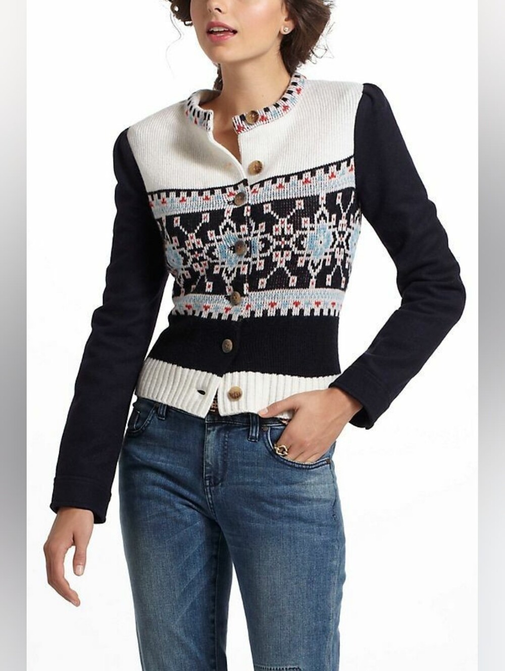 ANTHROPOLOGIE ELEVENSES Buckhaven Fairisle Women Jacket Size 6 Wool Mix Button